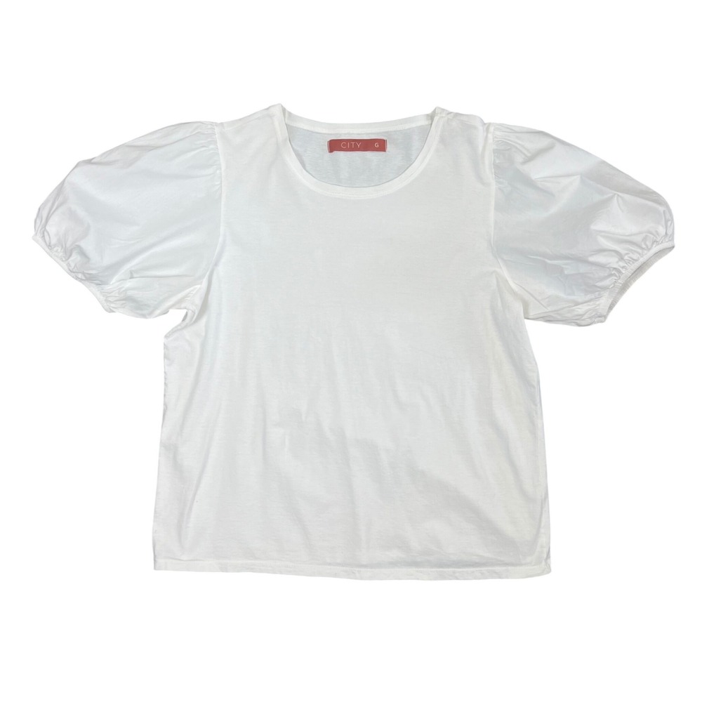 CITY White Puff Sleeve Crew Neck Top‎ Short Sleeve Cotton Blend Tee Womens Large